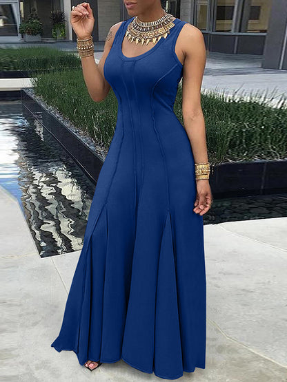 Sleeveless Color Split-joint U-neck Maxi Dresses