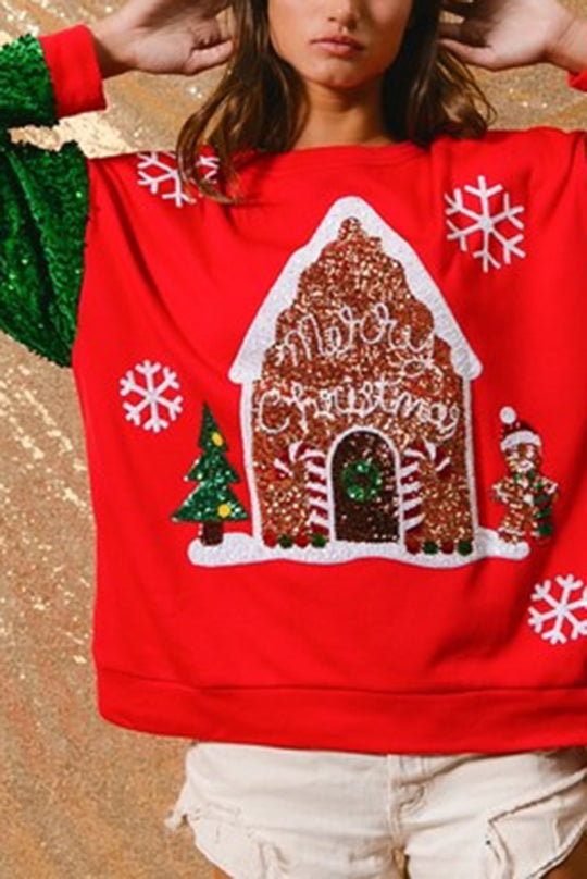 Christmas Loose Round Neck Sequined Sleeve Sweatshirt