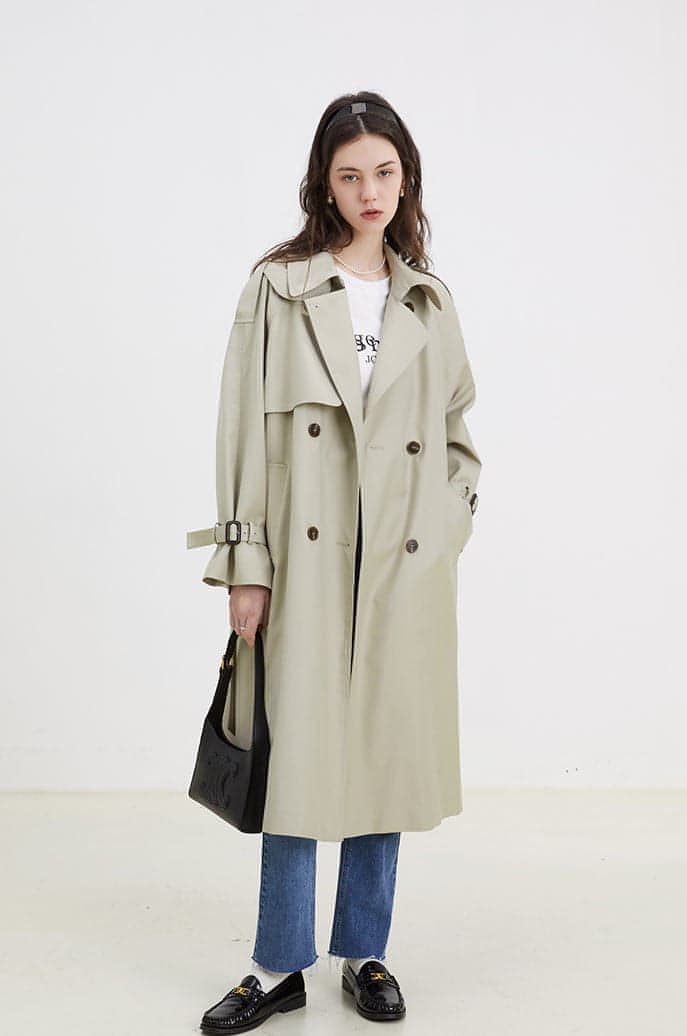Double-breasted Loose Mid-length Melton Trench Coat