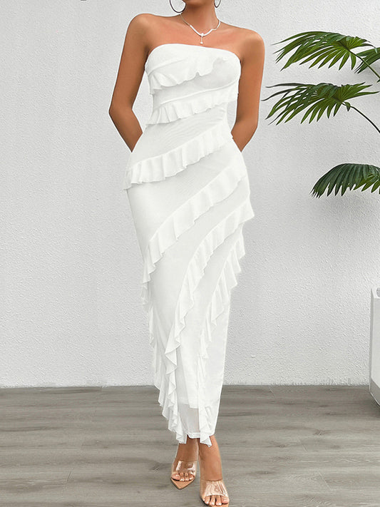 Bodycon High Waisted Ruffle Trim Color Split-back Split-joint Tube Maxi Dresses