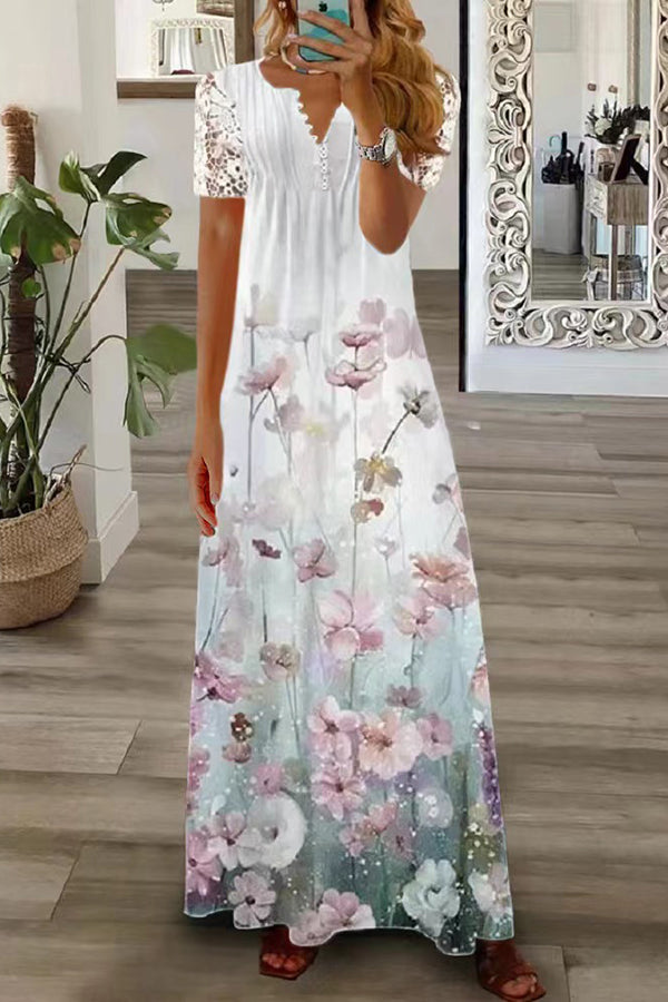 V Neck Button Lace Sleeve Holiday Beach Maxi Dress