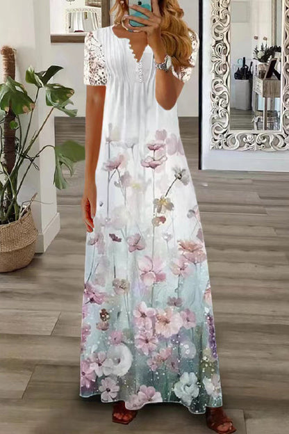 V Neck Button Lace Sleeve Holiday Beach Maxi Dress