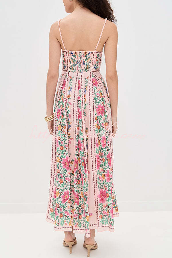Delicate Forest Unique Print Sweetheart Neck Beaded Straps Maxi Dress
