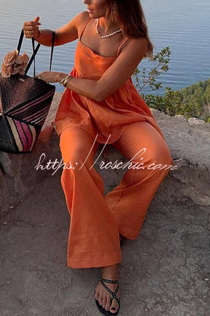 Color Suspender Loose Top and Elastic Waist Wide Leg Pants Set