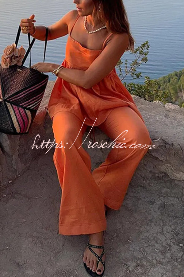 Color Suspender Loose Top and Elastic Waist Wide Leg Pants Set