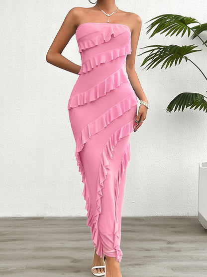 Bodycon High Waisted Ruffle Trim Color Split-back Split-joint Tube Maxi Dresses