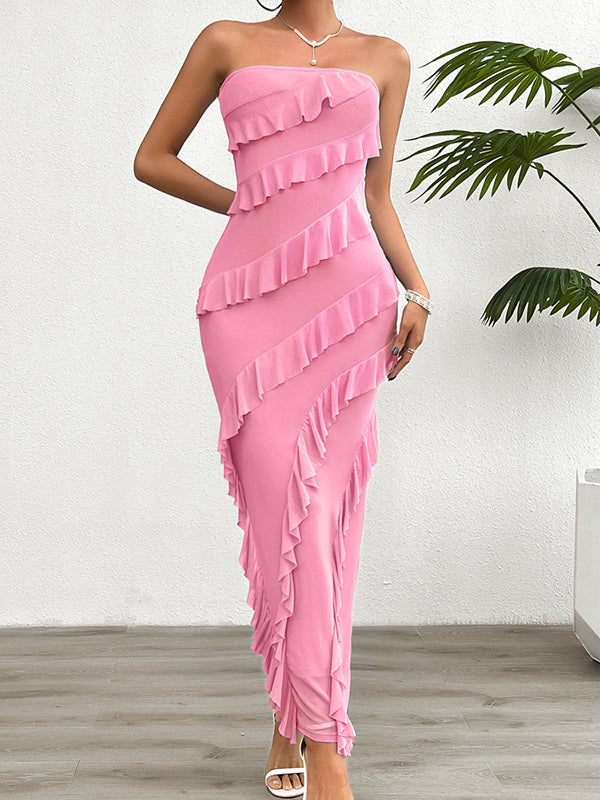 Bodycon High Waisted Ruffle Trim Color Split-back Split-joint Tube Maxi Dresses