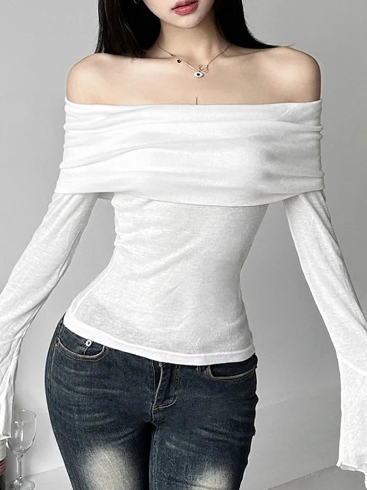 Y2k Aesthetic Simple ’s Tee Shirts Slash Neck Long Sleeve T-shirts Off Shoulder Tshirts