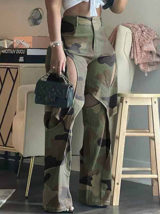 Camo Print Cut Out Loose Cargo Pants Bo5016