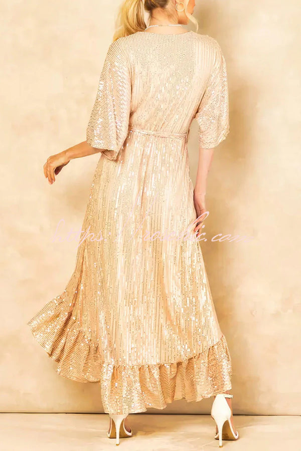 Color Sequined V-neck Waist Tie Loose Maxi Dress