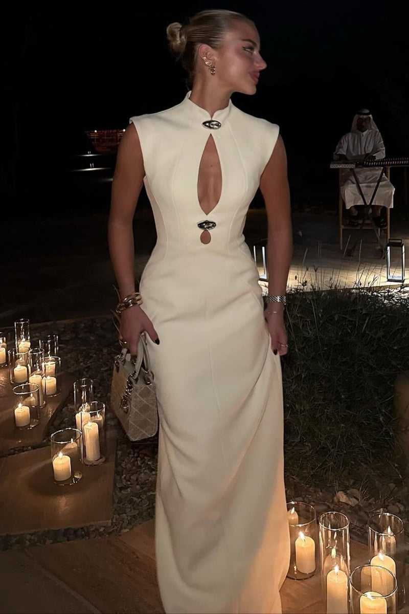 Asymmetrical Cutout Metal Trim Ruched Maxi Dress