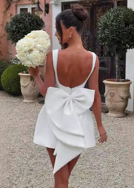 Pearl-trimmed Bow Back Mini Dress - Elegance