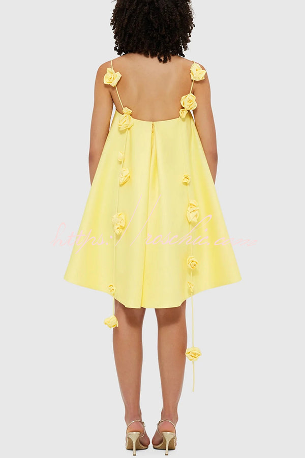 Playful and Flattering Silhouette 3d Rose Drape Straps A-line Mini Dress