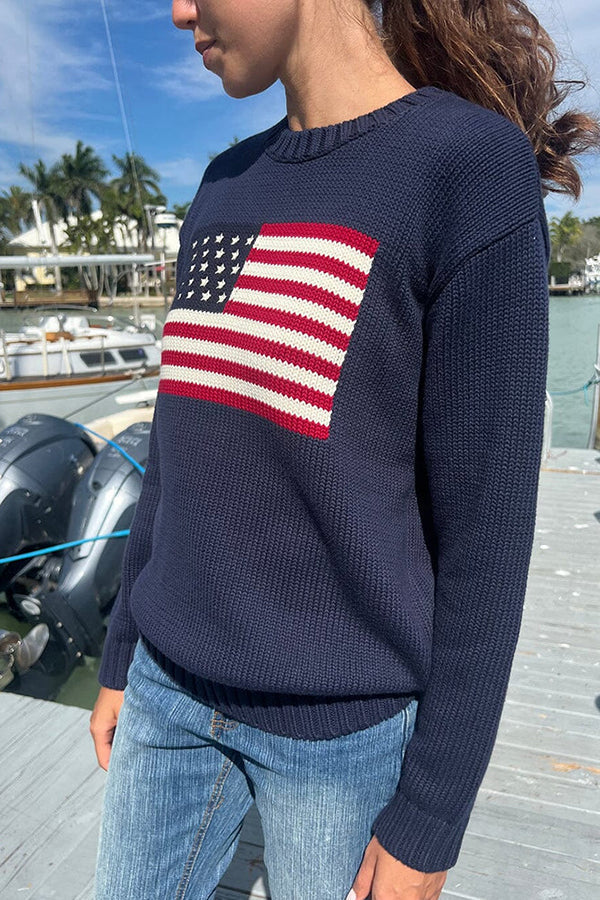 Flag Pattern Knitted Crewneck Long Sleeve Sweater