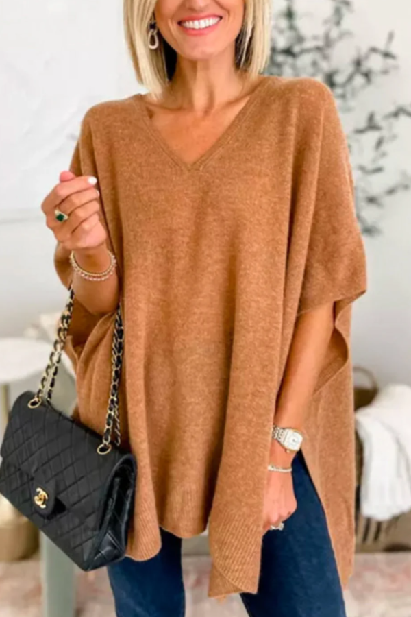 V Neck Loose Fit Poncho Sweater