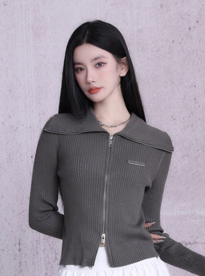 Ribbed Zip-front Cropped Cardigan - Fitted Long Sleeve Knit Top