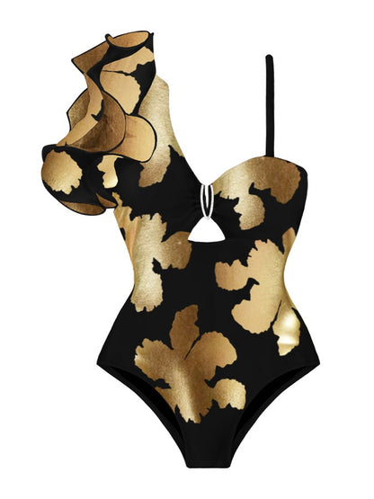 Ruffle Printed One Piece Swimsuit and Skirt