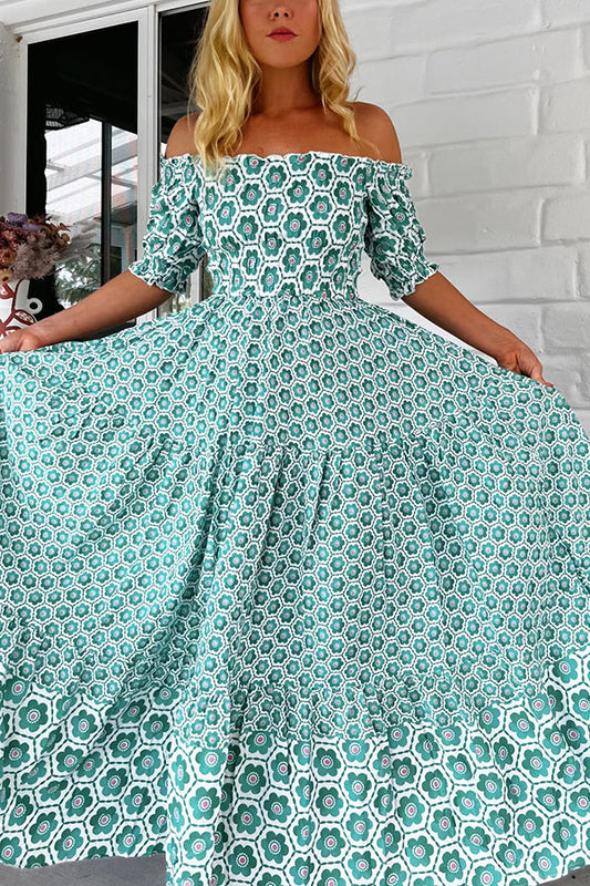 Print Off-the-shoulder Puff-sleeve Pleated Maxi Dress