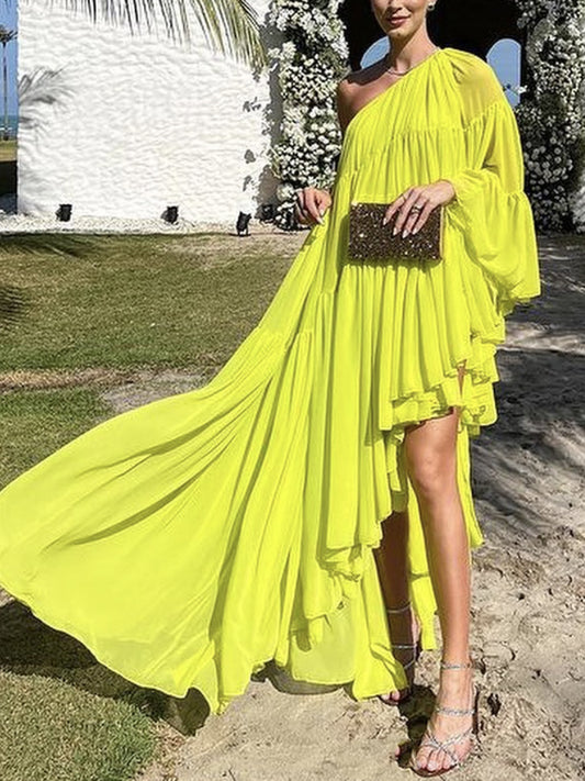 Irregularity Loose Pleated Color One-shoulder Maxi Dresses