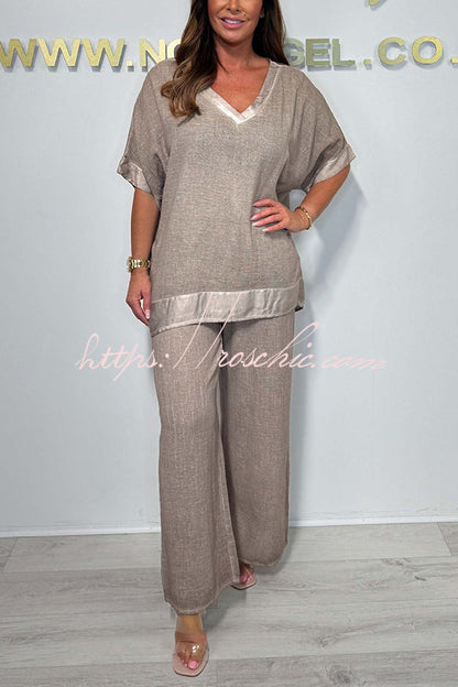 Fashionable V-neck Short-sleeved Loose Top and Elastic Waist Wide-leg Pants Set