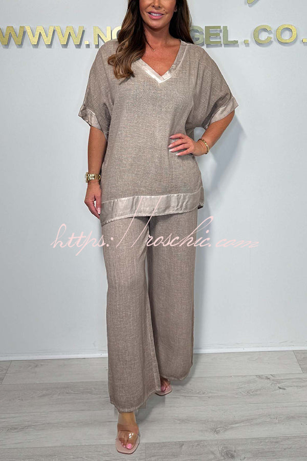Fashionable V-neck Short-sleeved Loose Top and Elastic Waist Wide-leg Pants Set