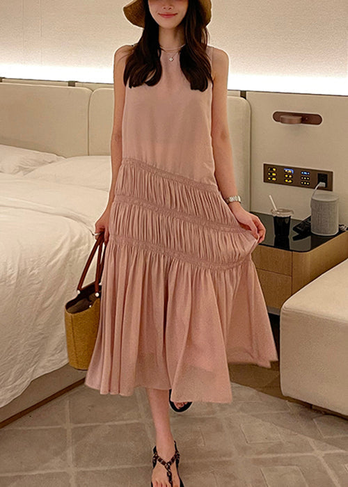 Pink Wrinkled Long Dress Sleeveless Qp036