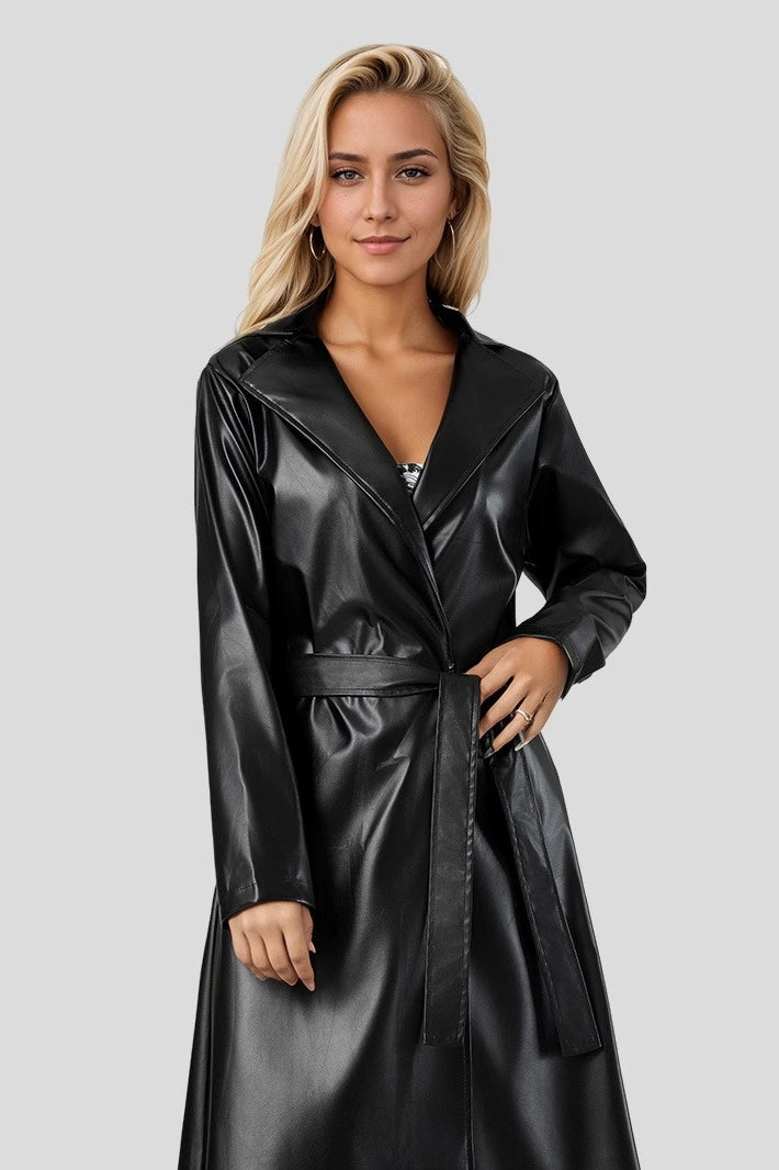 Wrinkle-resistant Long Bathrobe-style Leather Coat