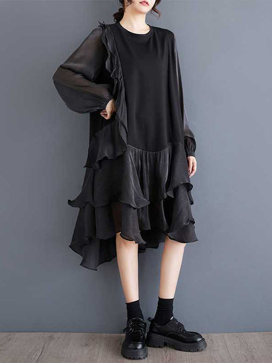 High-low Long Sleeves Contrast Color Ruffle Trim Split-joint Round-neck Midi Dresses