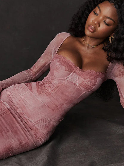 Square Collar Long Sleeve Print Midi Dress Autumn Winter New Bodycon Long Dresses Club Party Dress