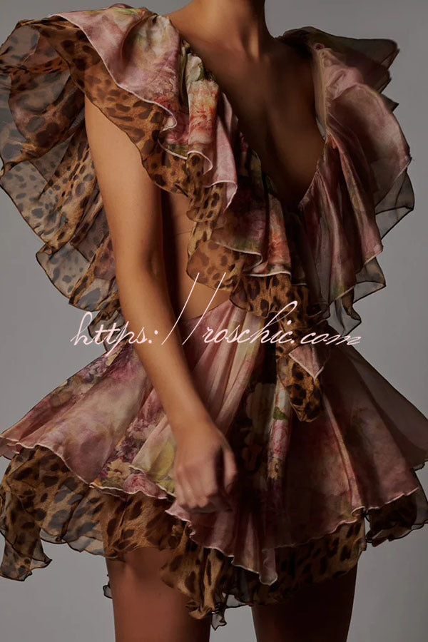Dreamy Island Leopard Print Cutout Waist Tiered Ruffles Mini Dress