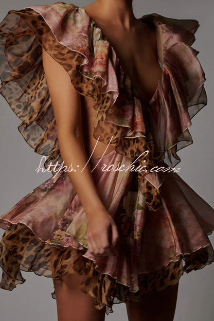 Dreamy Island Leopard Print Cutout Waist Tiered Ruffles Mini Dress