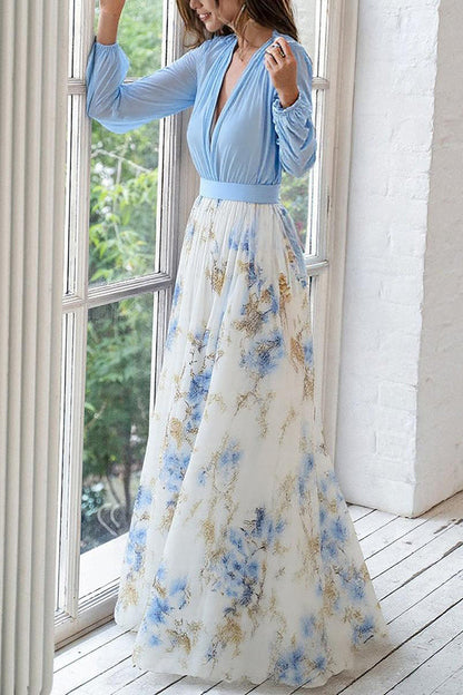 Plant Print V-neck Long Sleeve Stitching Maxi Dress