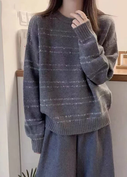 Dark Grey O-neck Striped Wool Knit Sweater Fall Qp020