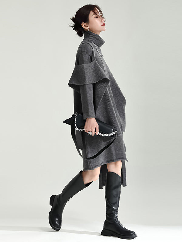 Long Sleeves Loose Color High-neck Shawl&sweater Dresses Two Pieces Set