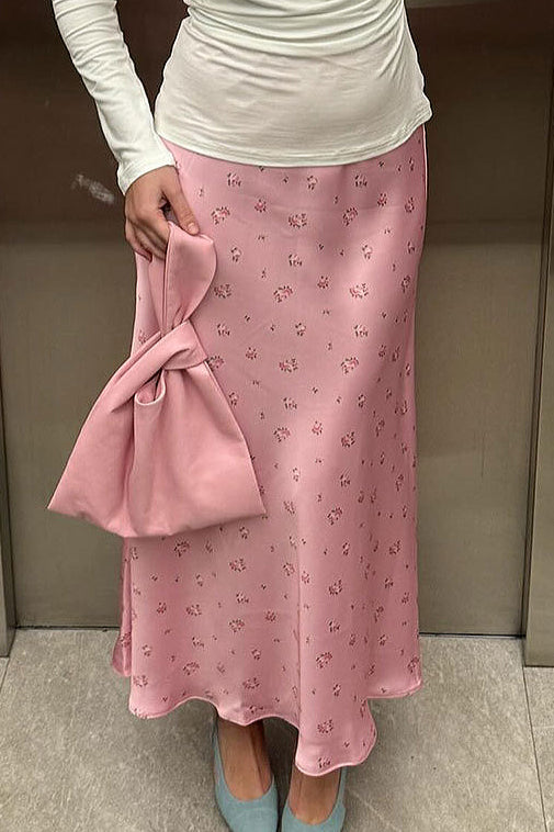 High Waist Satin Print Drape Skirt