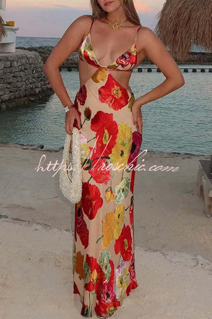 Hawaiian Dreams Satin Print Cutout Backless Maxi Dress