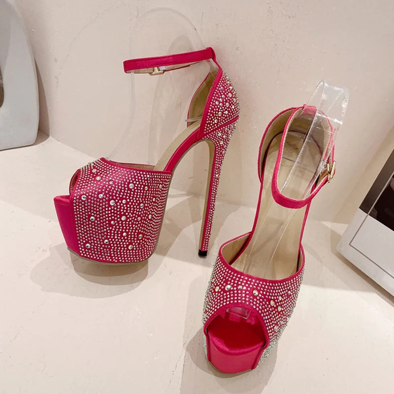 Liyke Summer Crystal Rhinestone Silk Platform Sandals Peep Toe Stripper Heels Wedding Banquet Shoes Pumps
