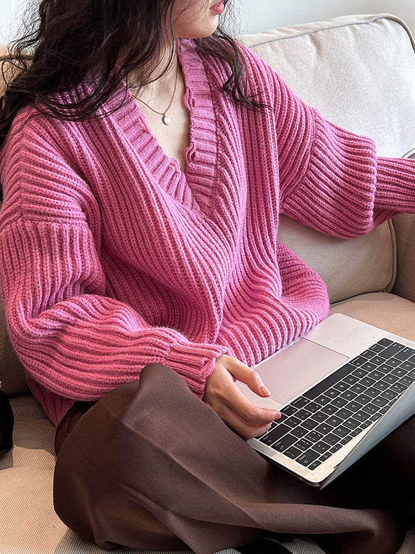 Urban Fuchsia V-neck Long Sleeve Knit Sweater An1046