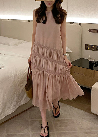 Pink Wrinkled Long Dress Sleeveless Qp036