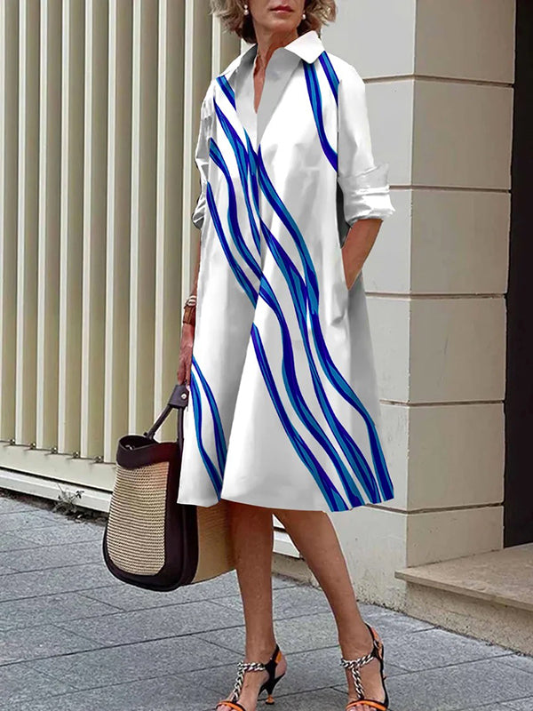 Loose Three-quarter Sleeves Buttoned Striped Lapel Collar Midi Dresses