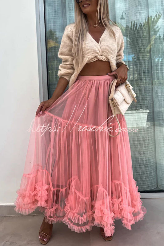 Tulle Stretch Waist Paneled Pleated Maxi Skirt