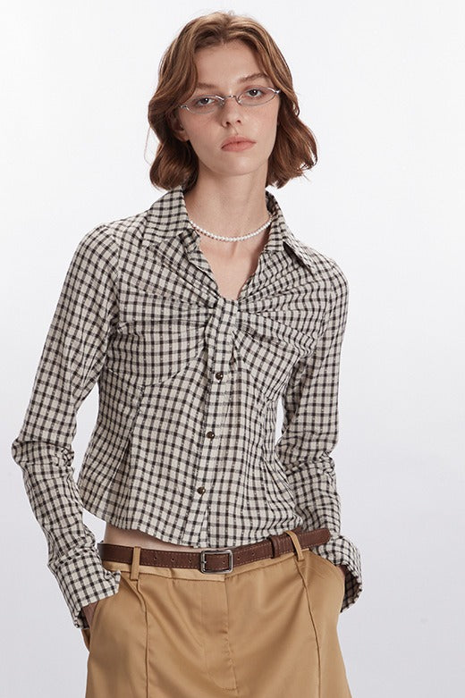 Plaid Ruched Long-sleeve Blouse