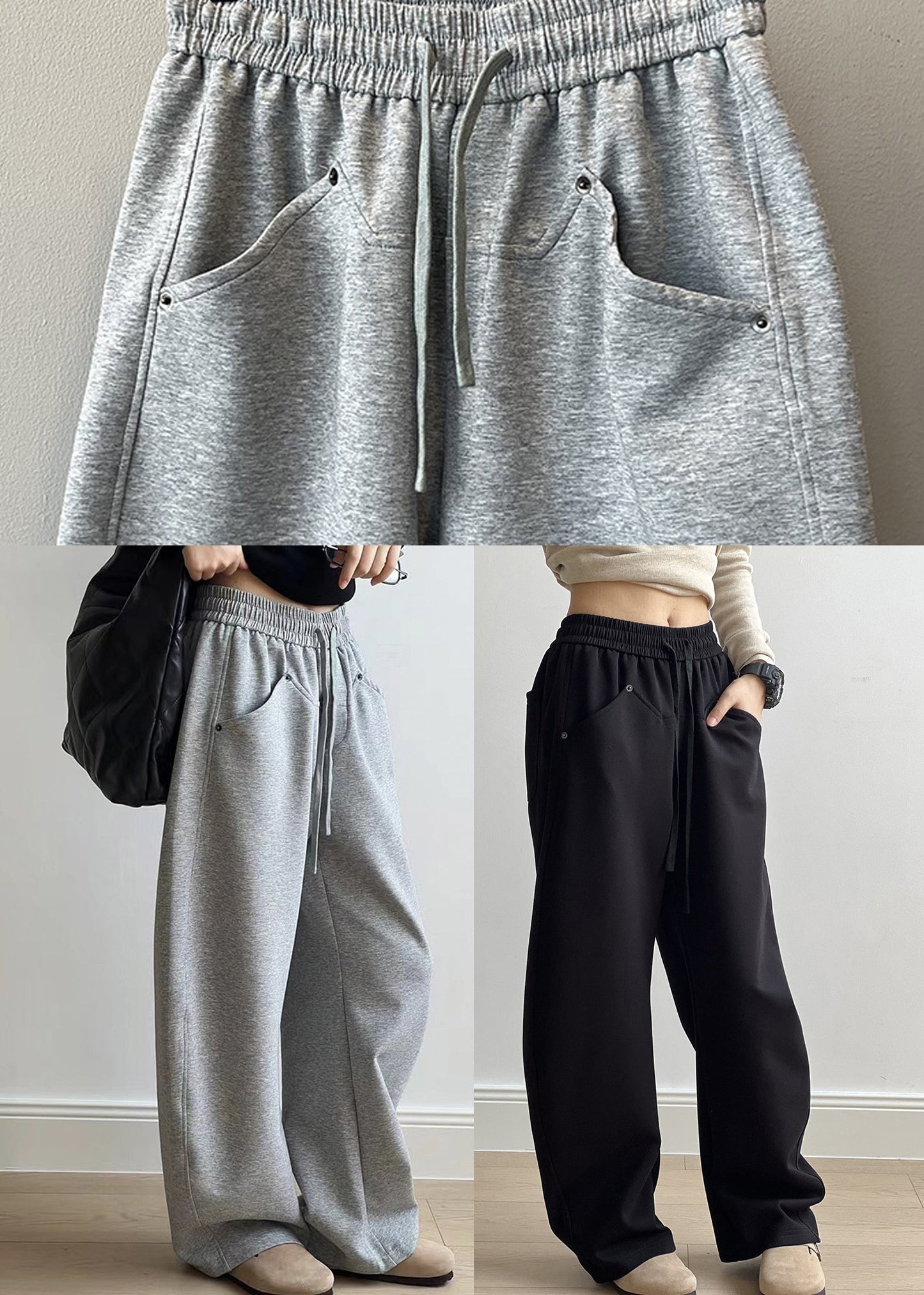 Grey Pockets Drawstring Elastic Waist Cotton Pants Fall Af1072