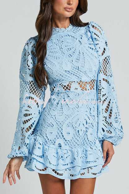 Color Hollow Long-sleeved Waisted Lace Mini Dress