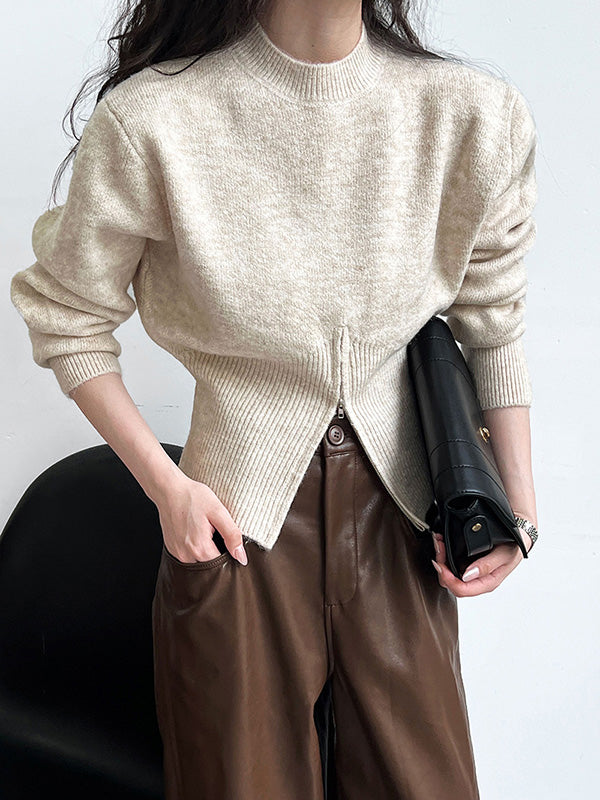Urban Coffee Mock Neck Zipper Slit Hem Long Sleeve Sweater Qx004