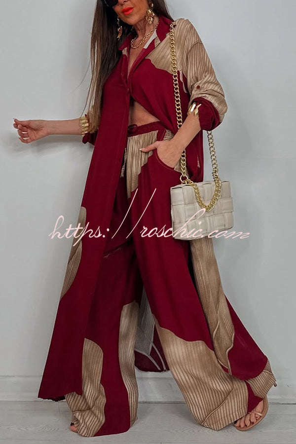 Unique Printed Loose Long Shirt and Elastic Waist Pocket Wide Leg Pants Set