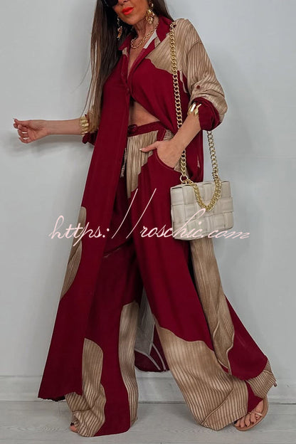 Unique Printed Loose Long Shirt and Elastic Waist Pocket Wide Leg Pants Set