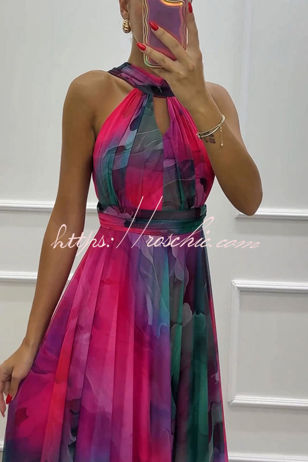 Elaine Tulle Splash Print Cutout Halter Tie-up Neck Gown Maxi Dress