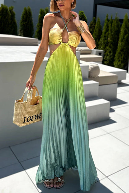 Get Ready Gradient Print Cutout Halterneck Pleated Maxi Dress