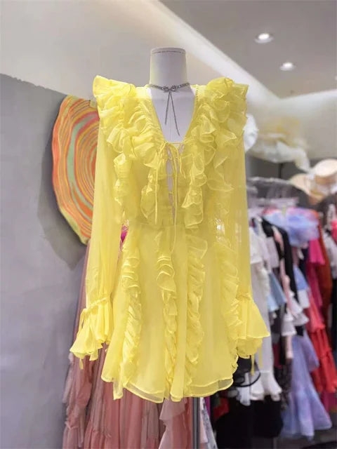 V-neck Lace-up Ruffled Mini Dress – Summer Mesh Bandage High Waist Party Gown